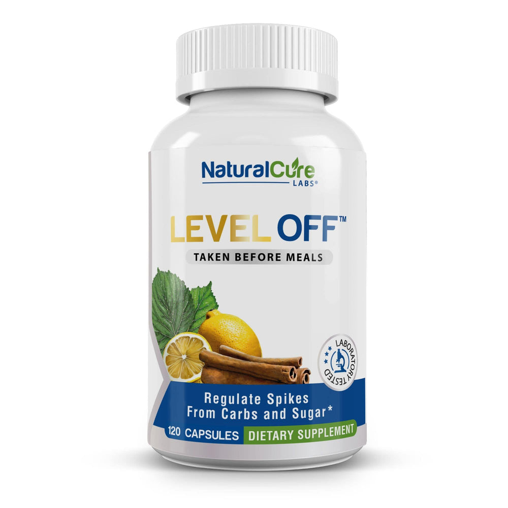 Front view of Level Off dietary supplement bottle, formulated to regulate glucose spikes from carbs and sugar, featuring white mulberry leaf, lemon peel extract, and cinnamon for glucose monitoring and supporting GLP-1 pathways.