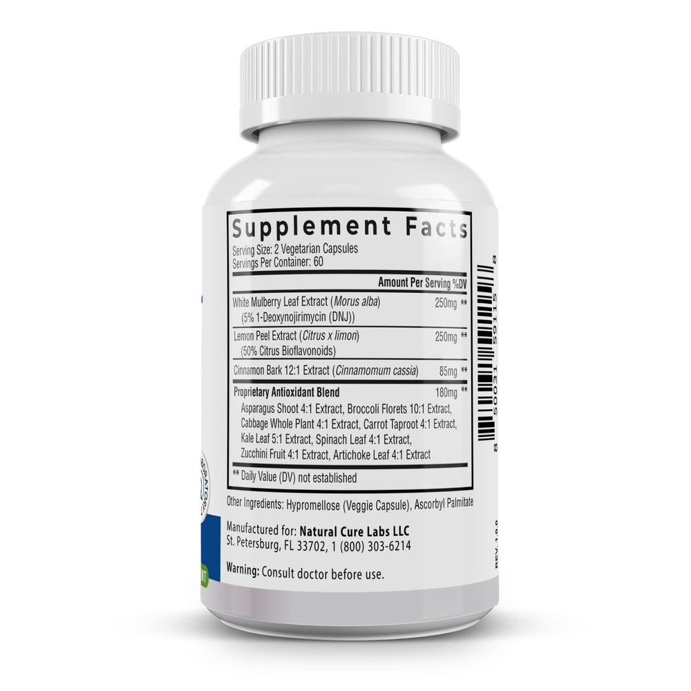 Side view of Level Off supplement with detailed ingredient list, featuring white mulberry leaf, cinnamon extract, and antioxidants. Ideal for glucose regulation and reducing glucose spikes after meals. Supports those with insulin resistance, pre-diabetes, and those seeking to maintain stable blood sugar levels.